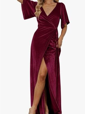 Velvet Wrap Maxi Dress in Wine Red - Amazon Brand